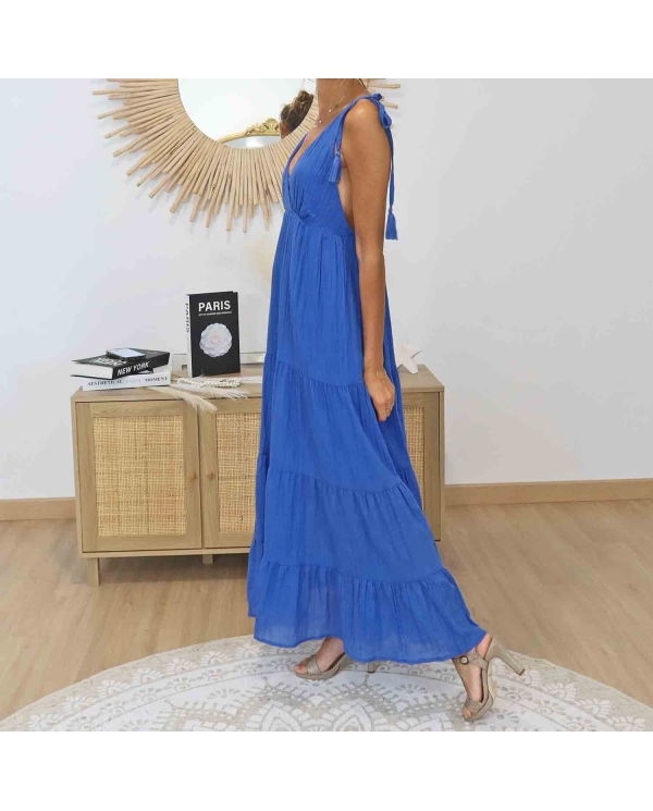 Robe longue bohème Alizé bleue portée – Tailles SM ML
