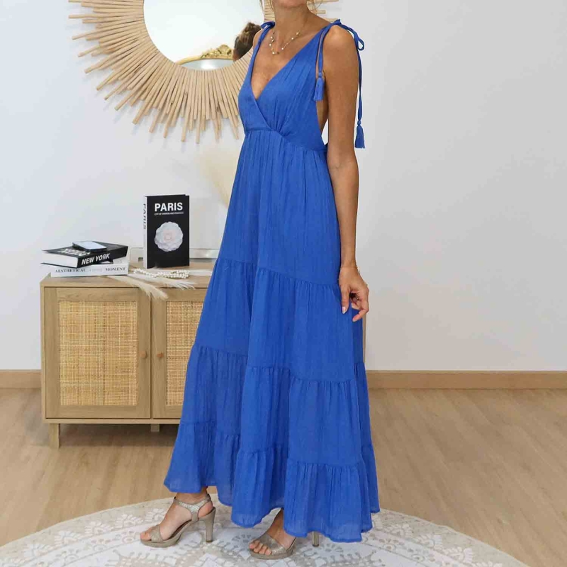 Robe bohème longue bleue portée de face – Style boho chic