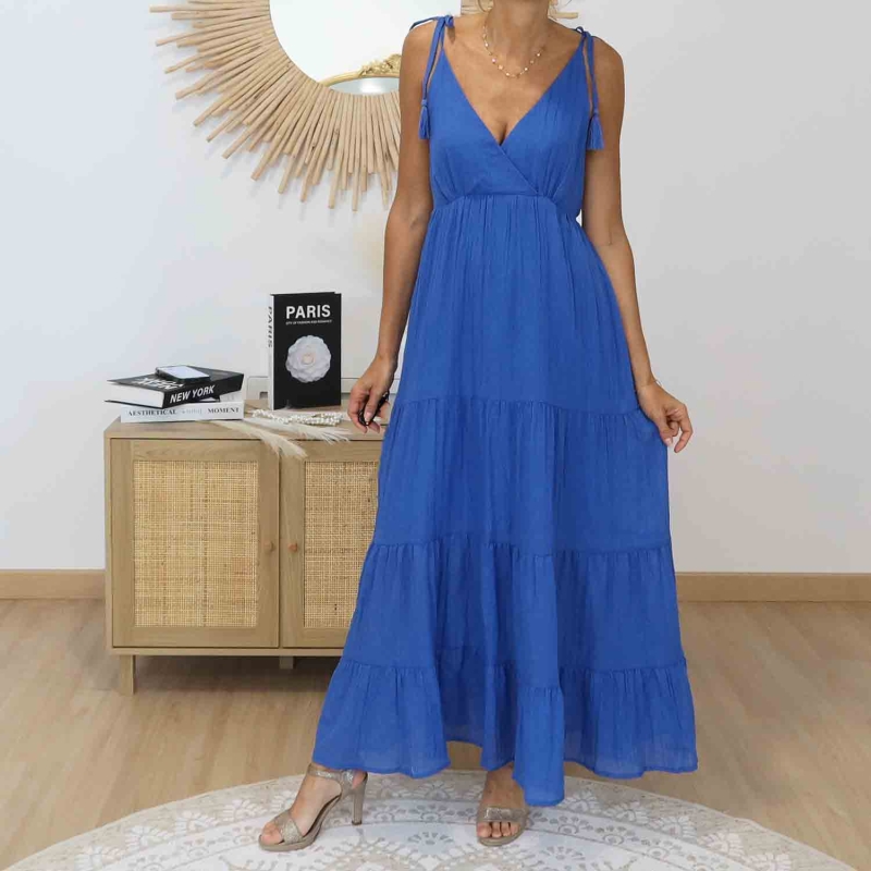 Robe Alizé bleue en mouvement – Jupe à volants fluide