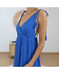 Robe longue bleue Alizé col V plongeant – Détail bretelles