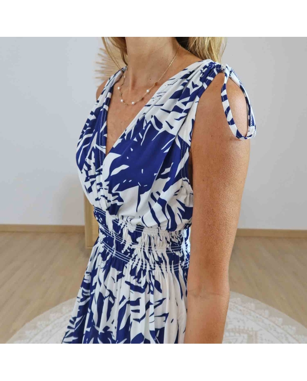 Robe Léonie bleue avec ceinture – Décolleté V croisé élégant