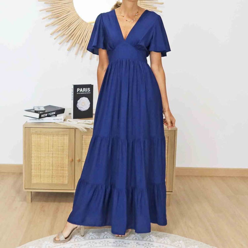 Robe longue Lison marine portée – Col V élégant – Tailles S M ML