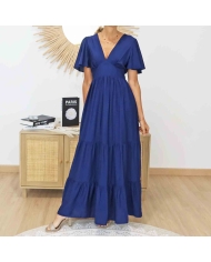 Robe longue Lison marine portée – Col V élégant – Tailles S M ML