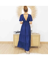 Dos de la robe longue Lison marine – Col V dos et tombé fluide