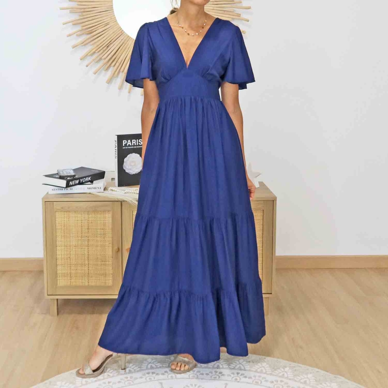 Robe longue marine Lison en mouvement – Style fluide et chic