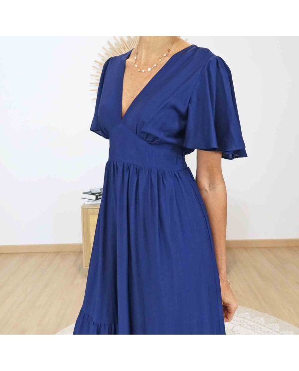 Robe Lison marine de face – Décolleté V et taille marquée