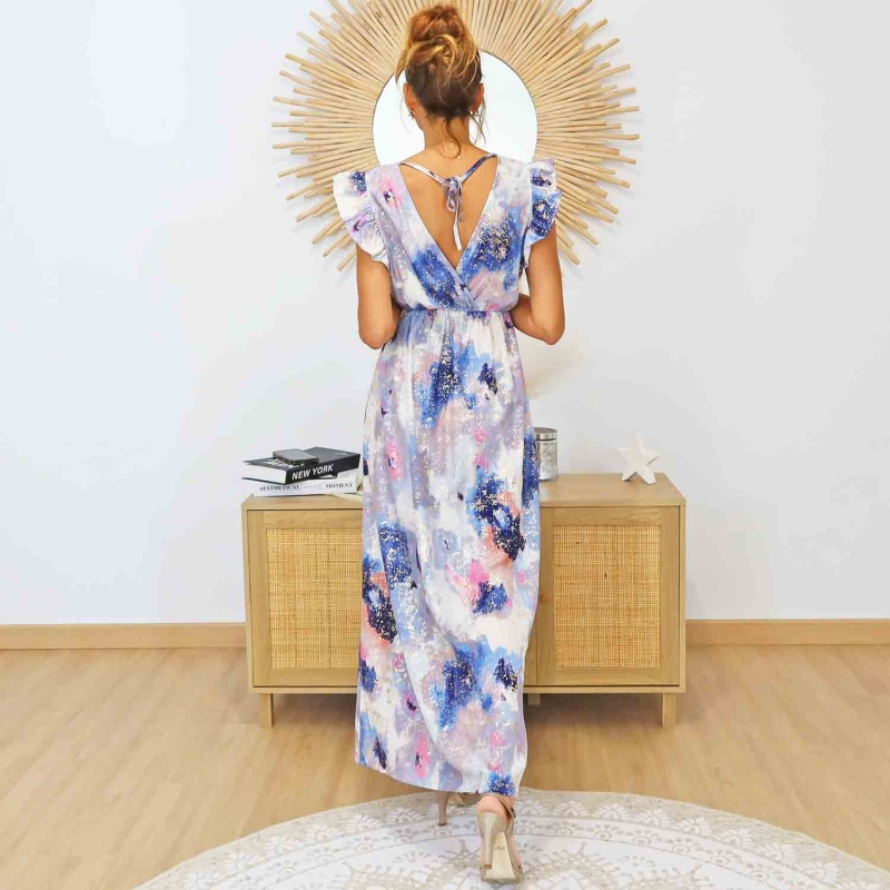Robe longue wrap scintillante multicolore – Manches volants