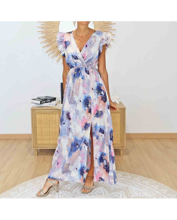 Robe longue wrap imprimée pailletée bleu rose portée – Col V croisé
