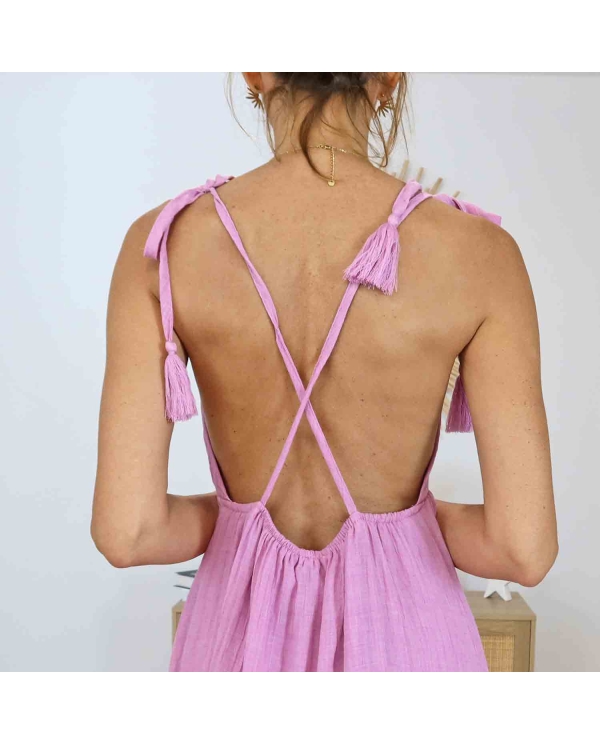 Dos de la robe Alizé rose avec bretelles nouables et pompons
