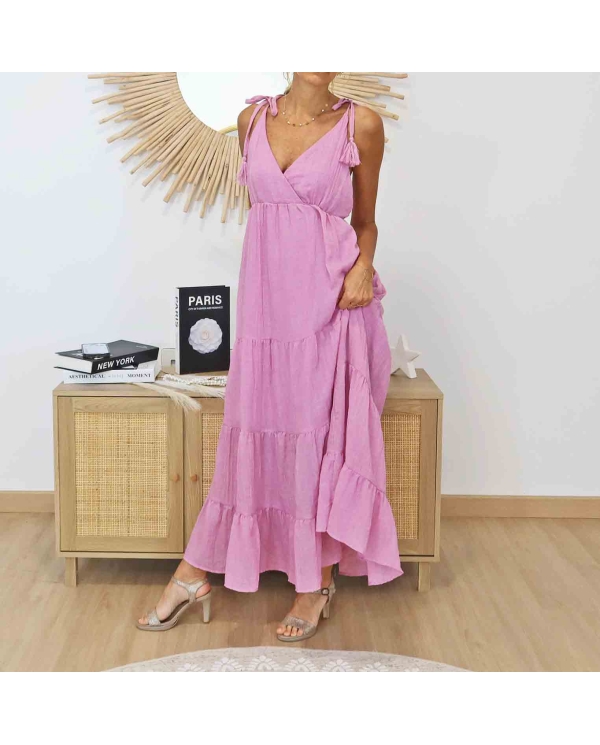 Robe Alizé rose en mouvement – Jupe à volants fluide