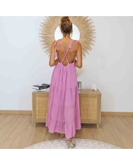 Robe bohème longue rose portée de face – Look estival