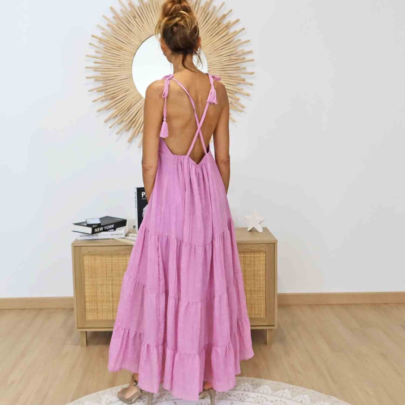Robe longue Alizé rose – Bretelles croisées dans le dos