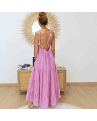 Robe longue Alizé rose – Bretelles croisées dans le dos