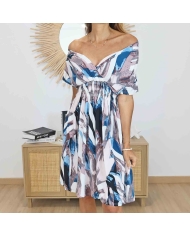 Robe courte femme été imprimée bleu taupe – Longueur 94 cm