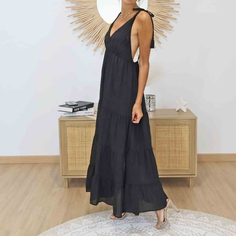 Robe longue noire Alizé col V plongeant – Détail bretelles