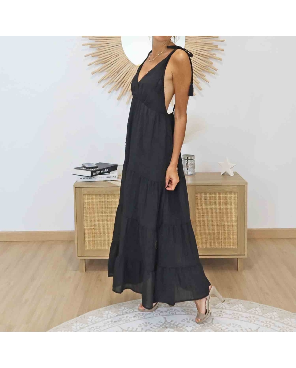 Robe longue noire Alizé col V plongeant – Détail bretelles