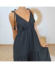 Détail col V et bretelles pompons robe Alizé noire