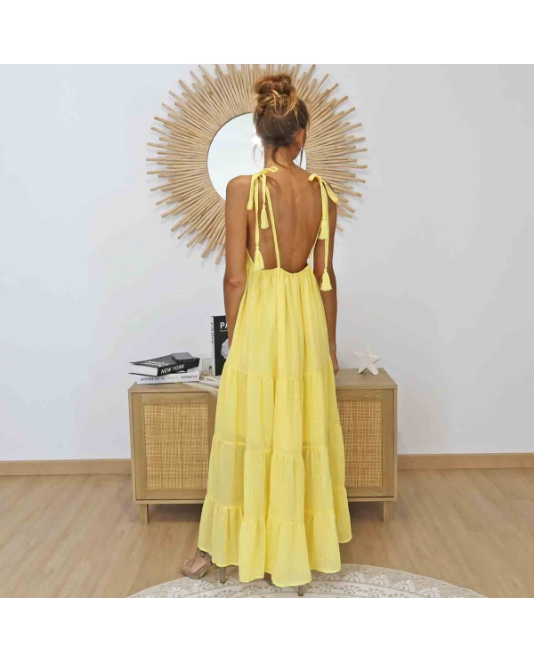 Robe bohème longue jaune portée de face – Look estival