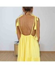Détail col V et bretelles pompons robe Alizé jaune