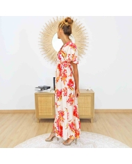 Robe longue fluide beige corail – Col V et manches courtes