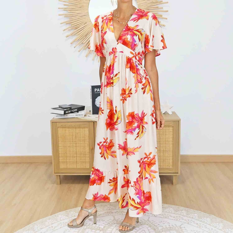 Robe longue Flora Corail imprimée florale portée de profil