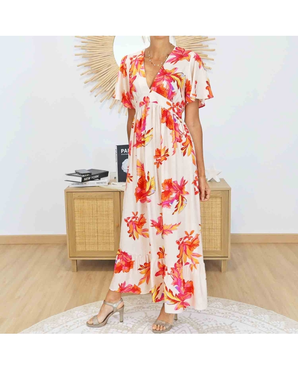 Robe longue Flora Corail imprimée florale portée de profil