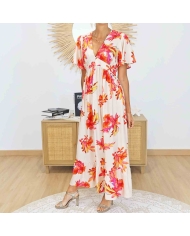 Robe longue Flora Corail imprimée florale portée de profil