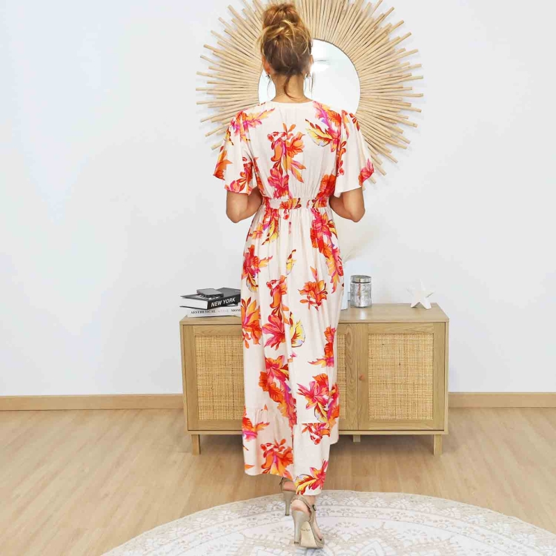 Dos de la robe longue Flora Corail – Taille élastiquée