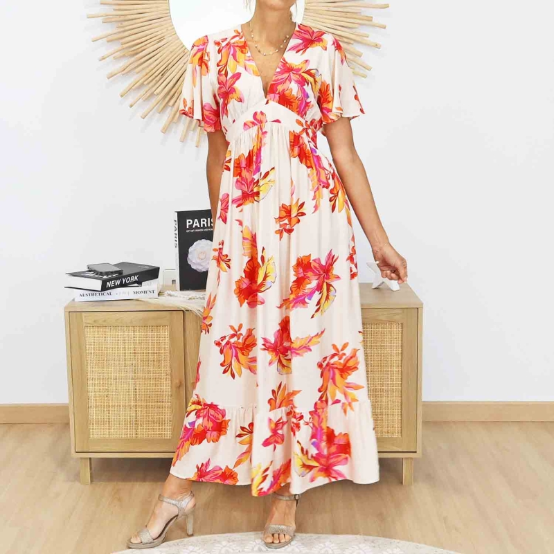 Robe longue imprimée florale orange corail – Longueur 130 cm