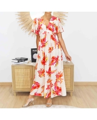Robe longue imprimée florale orange corail – Longueur 130 cm
