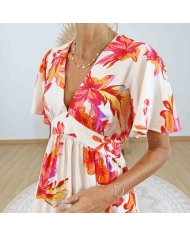 Détail col V et imprimé floral sur robe Flora Corail