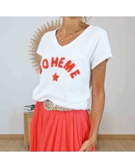 T-shirt femme col V Bohème corail – Style vintage moderne