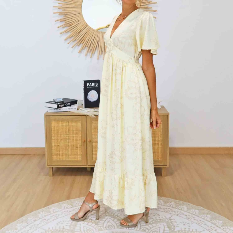 Robe longue brodée 128 cm jaune pastel – Mademoiselle Caprices