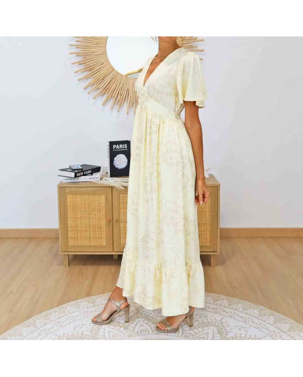 Robe longue brodée 128 cm jaune pastel – Mademoiselle Caprices