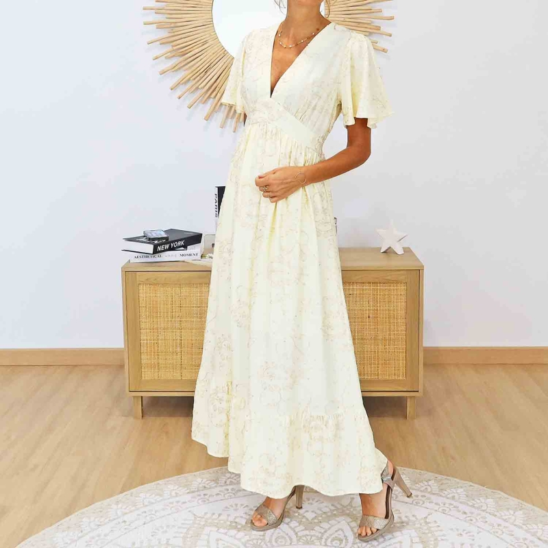Robe longue femme jaune pastel manches volantées – Style romantique