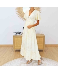 Robe longue femme jaune pastel manches volantées – Style romantique