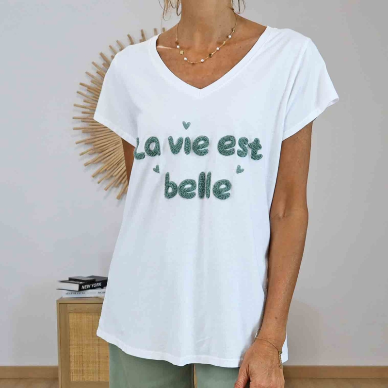 T-shirt femme col V message La vie est belle