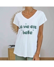 T-shirt femme col V message La vie est belle