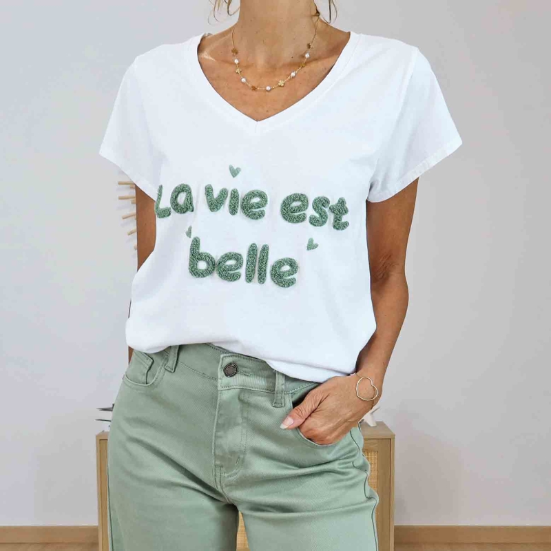 T-shirt blanc La vie est belle kaki femme