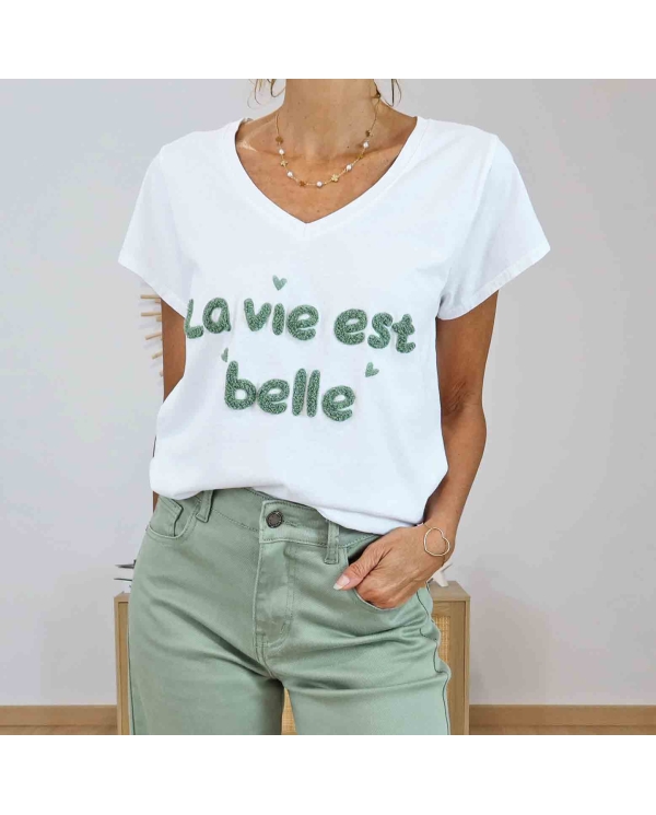 T-shirt blanc La vie est belle kaki femme
