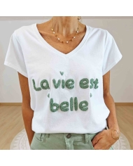 T-shirt femme col V message La vie est belle