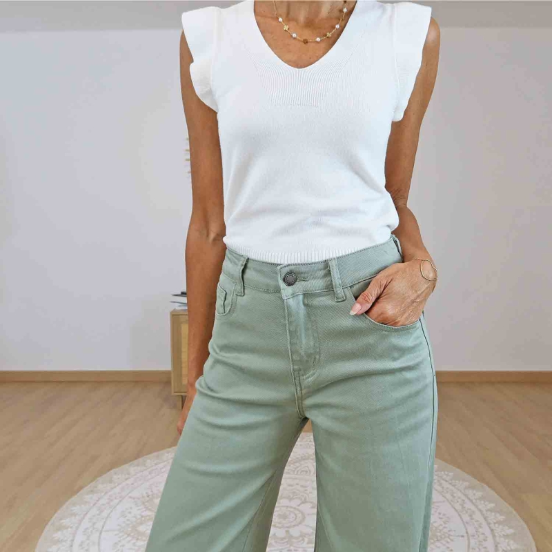 Pantalon fluide kaki amande taille haute femme