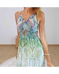 Robe longue imprimé cachemire vert femme