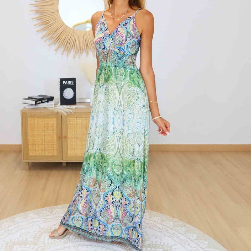 Robe longue magique Carla vert multicolore