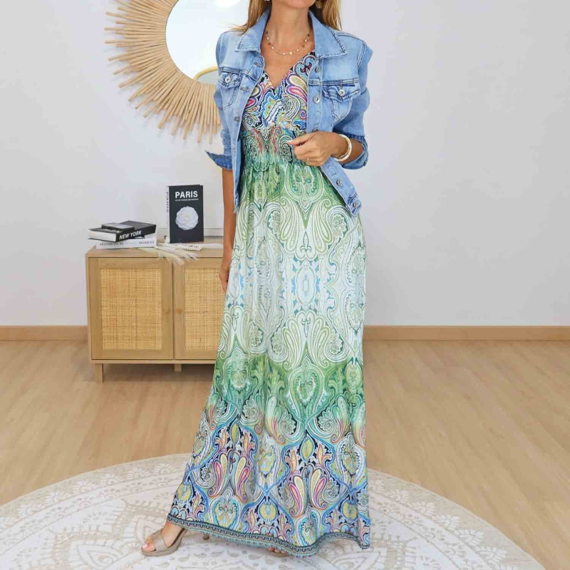 Robe longue magique Carla vert multicolore - Taille unique