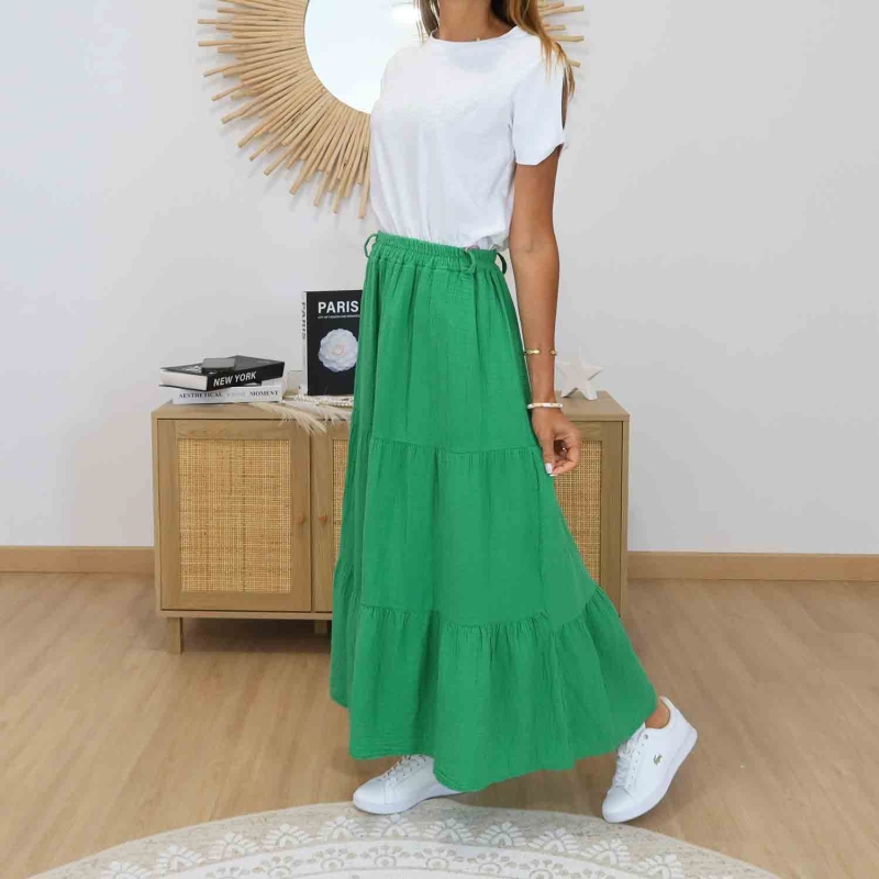 Jupe longue Ashley verte en gaze de coton