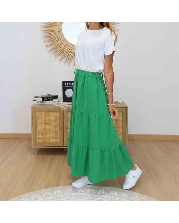 Jupe longue Ashley verte en gaze de coton