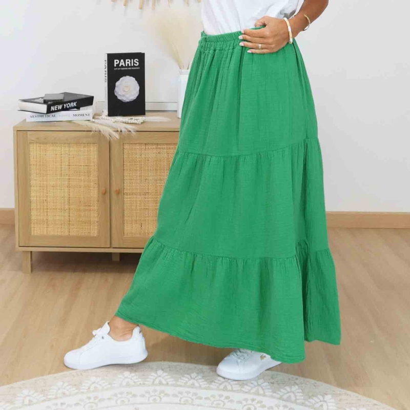 Jupe longue Ashley verte en gaze de coton - Taille unique