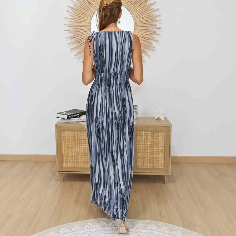 Robe longue décolleté V bleu gris