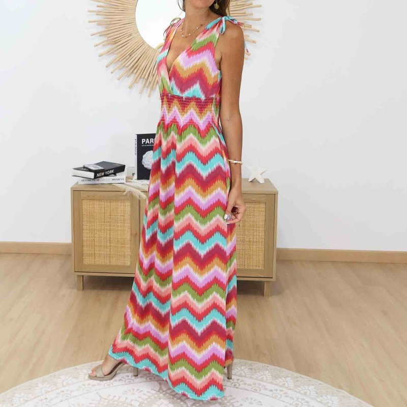 Robe longue magique Mila corail femme motifs chevrons multicolores